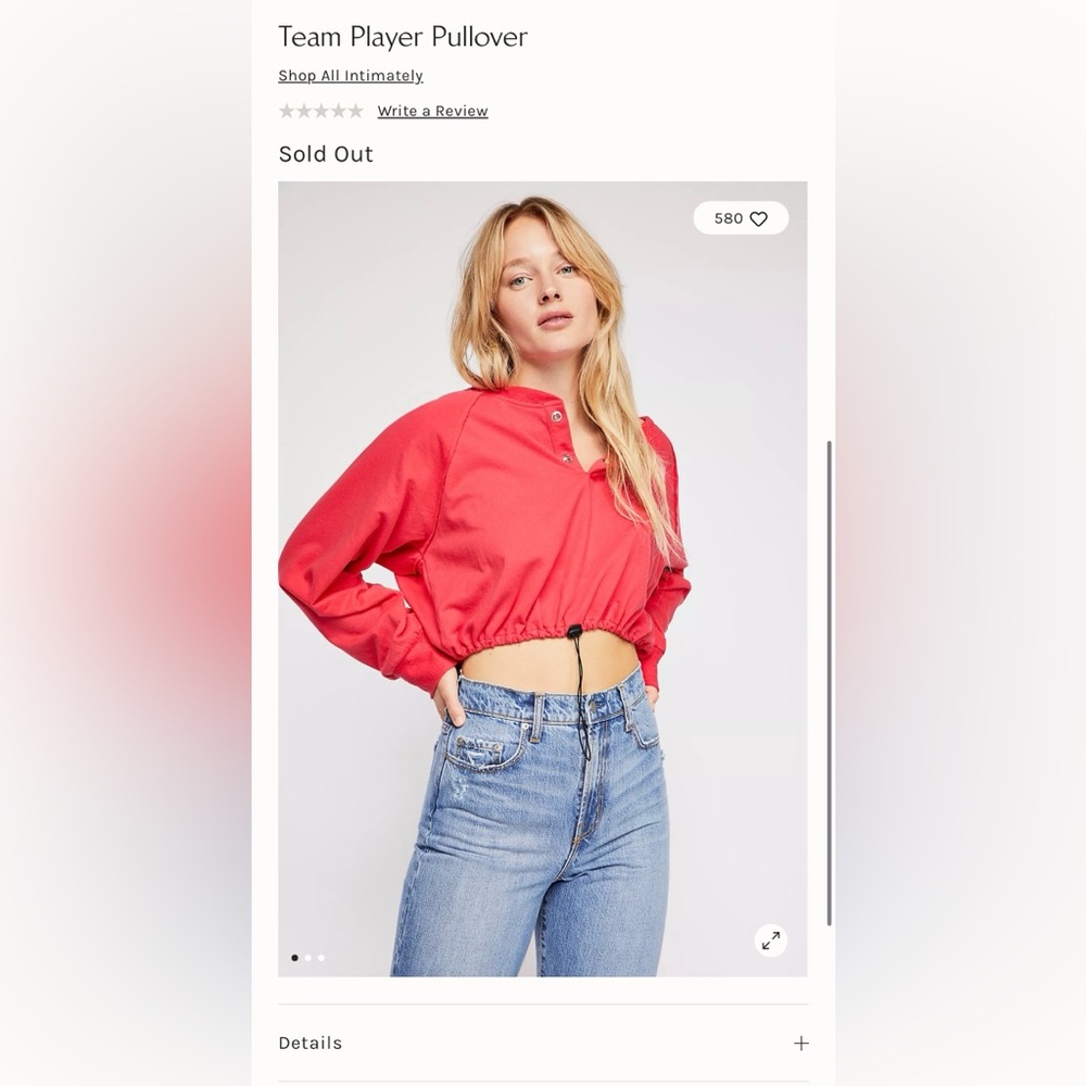 Intimately Free People Team Player Pullover Cropped Henley Button Sweatshirt M